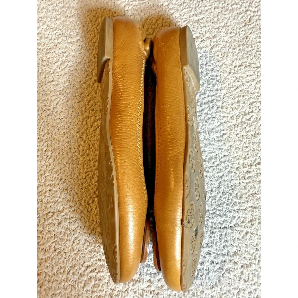 TORY BURCH Flats Minnie Travel Ballet Shoe Women 8M Tan Genuine Leather Logo